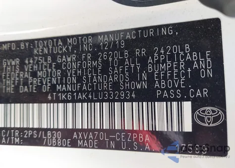 2020 Toyota Camry Xse from USA, damaged, VIN 4T1K61AK4LU332934